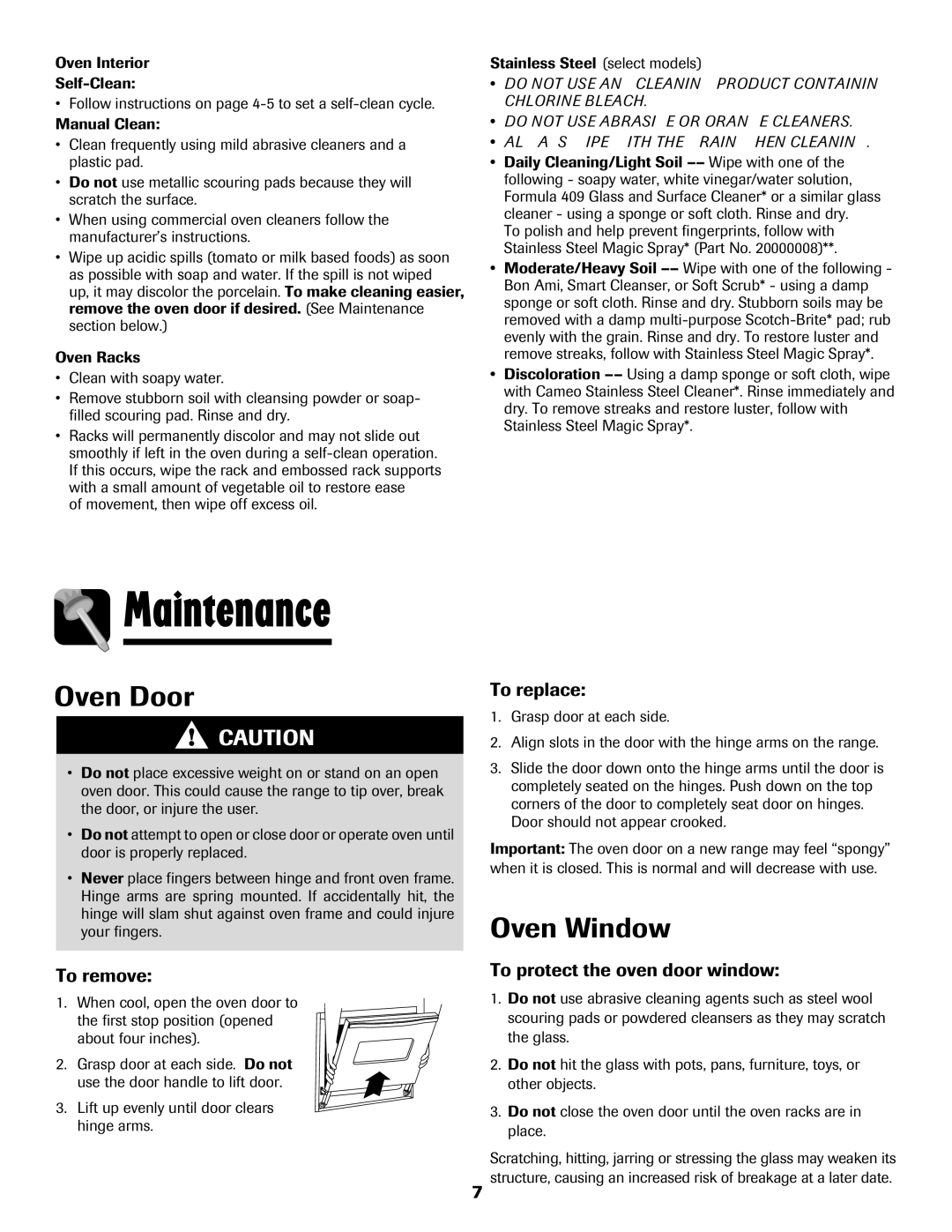 Maytag 8113P574-60 important safety instructions Maintenance, Oven Door, Oven Window 