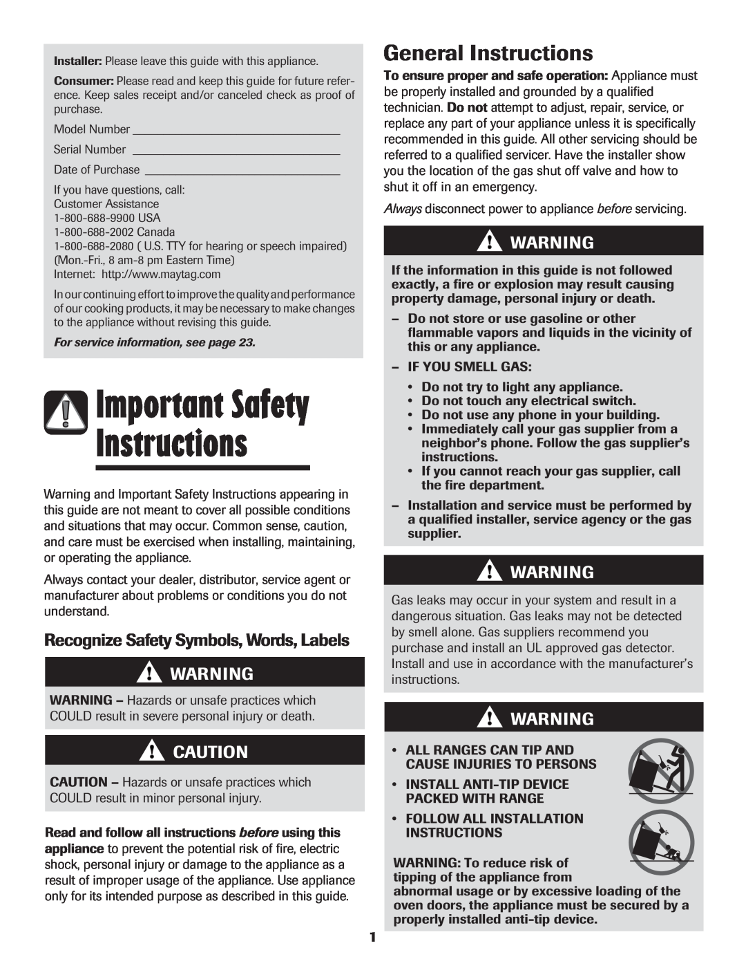 Maytag 8113P636-60, MER6765BAB, MER6765BAW, MER6765BAQ, MER6765BAS manual Important Safety, General Instructions 
