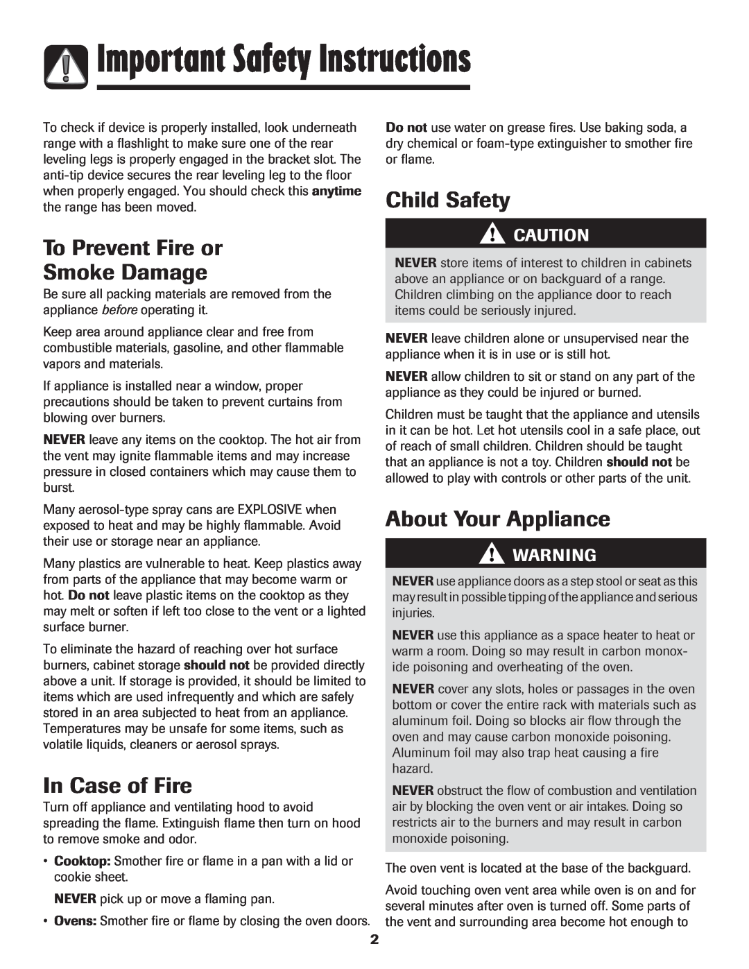Maytag 8113P636-60, MER6765BAB, MER6765BAW, MER6765BAQ, MER6765BAS manual Important Safety Instructions, In Case of Fire 