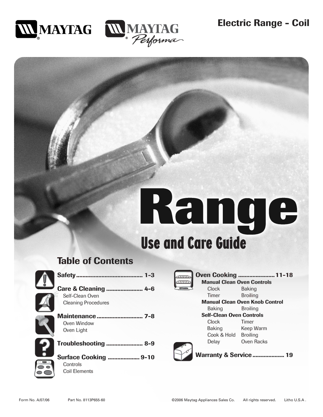 Maytag 8113P655-60 warranty Use and Care Guide, Electric Range Coil, Table of Contents 