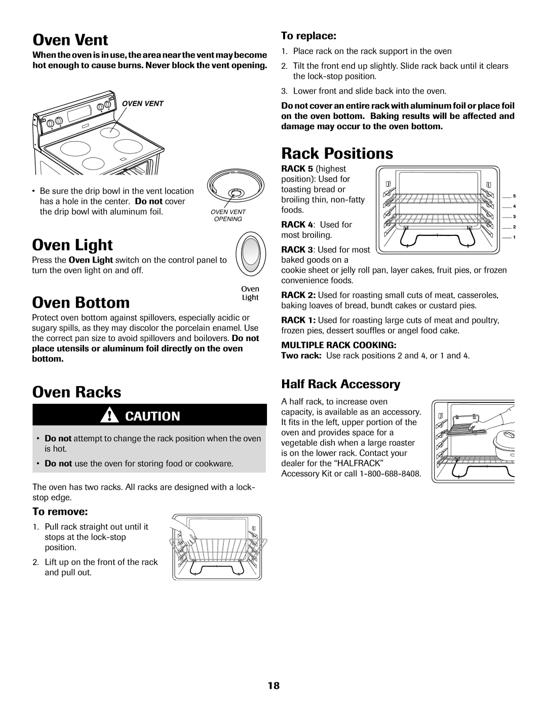 Maytag 8113P655-60 warranty Oven Vent, Oven Bottom, Rack Positions, Oven Racks, Half Rack Accessory 