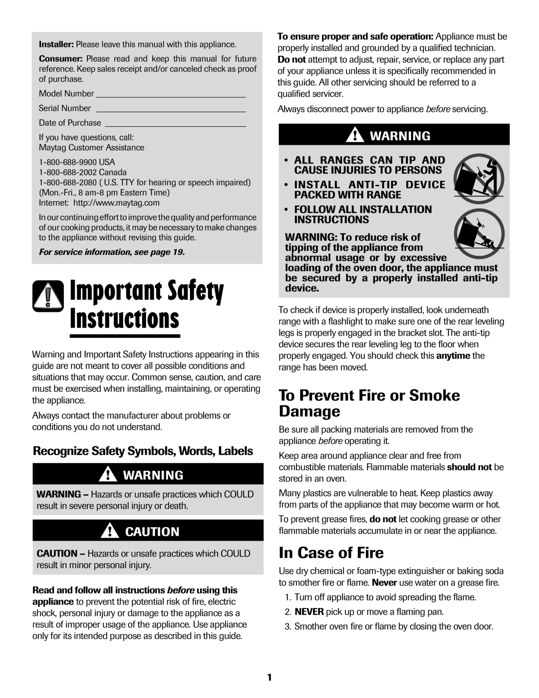 Maytag 8113P655-60 Instructions, To Prevent Fire or Smoke Damage, Case of Fire, Recognize Safety Symbols, Words, Labels 