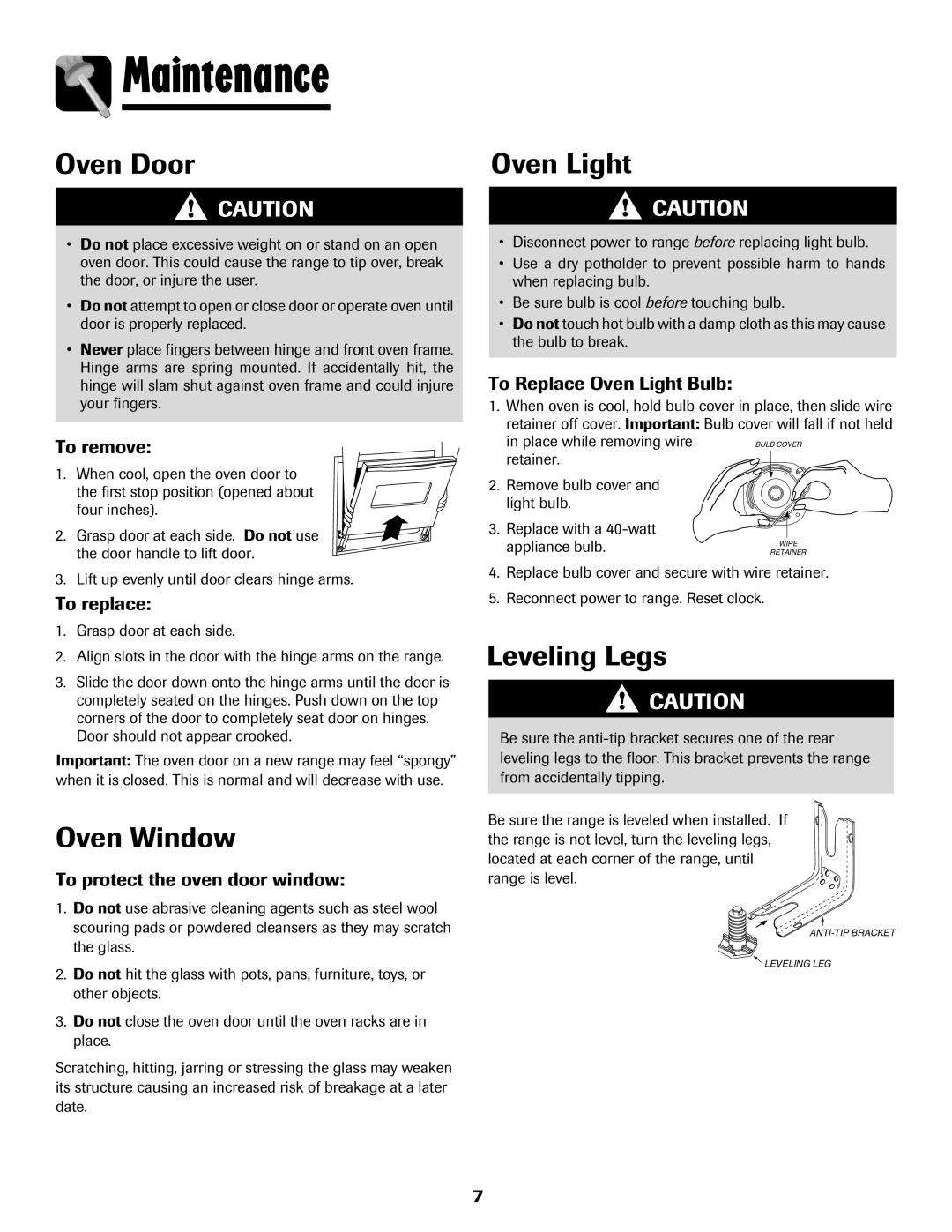 Maytag 8113P655-60 warranty Maintenance, Oven Door, Oven Window, Oven Light, Leveling Legs 