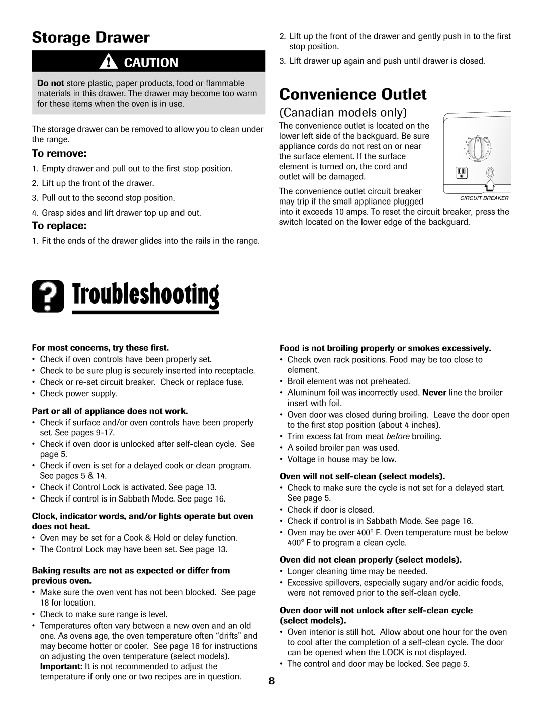 Maytag 8113P655-60 warranty Troubleshooting, Storage Drawer, Convenience Outlet, Canadian models only 