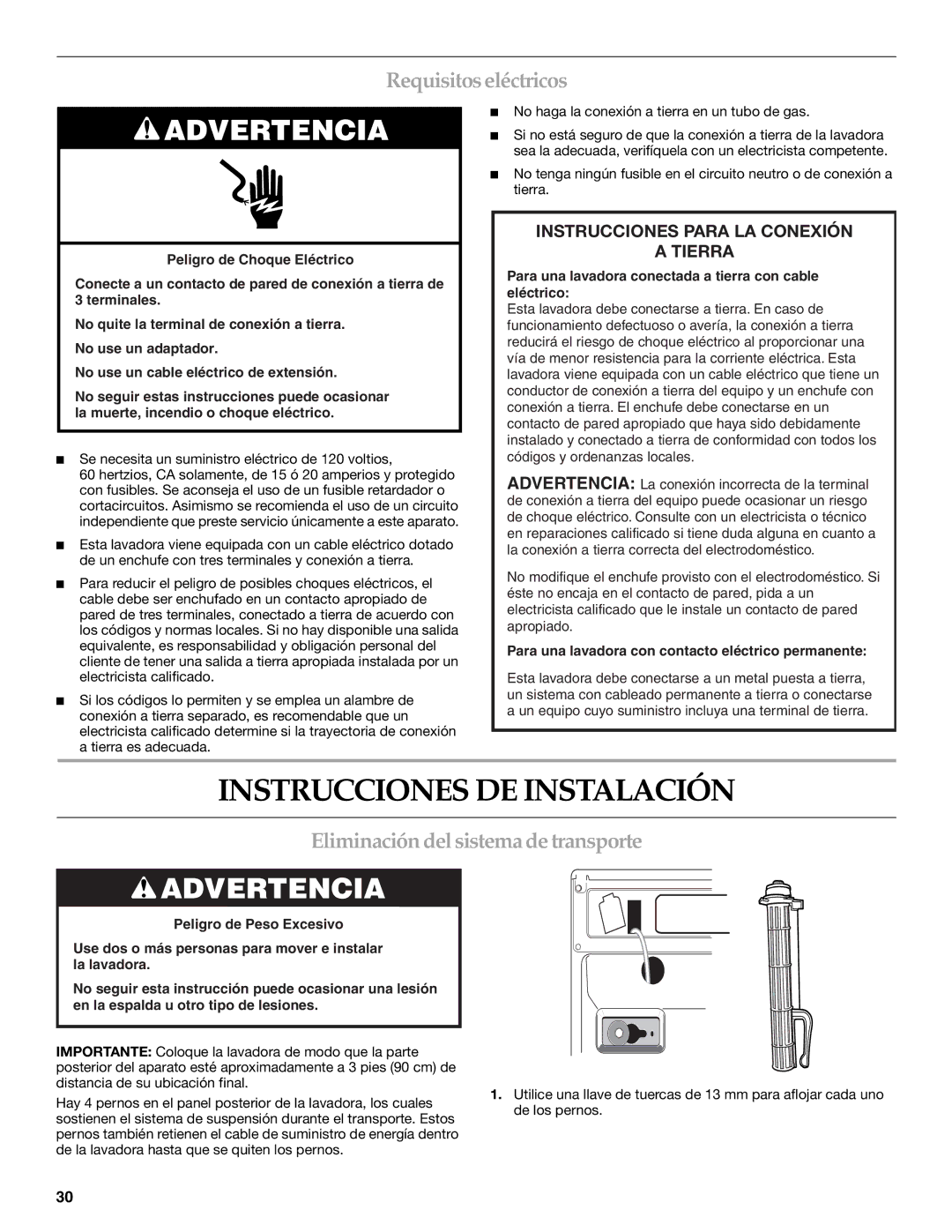 Maytag 8182969 manual Instrucciones DE Instalación, Requisitos eléctricos, Eliminación del sistema de transporte 