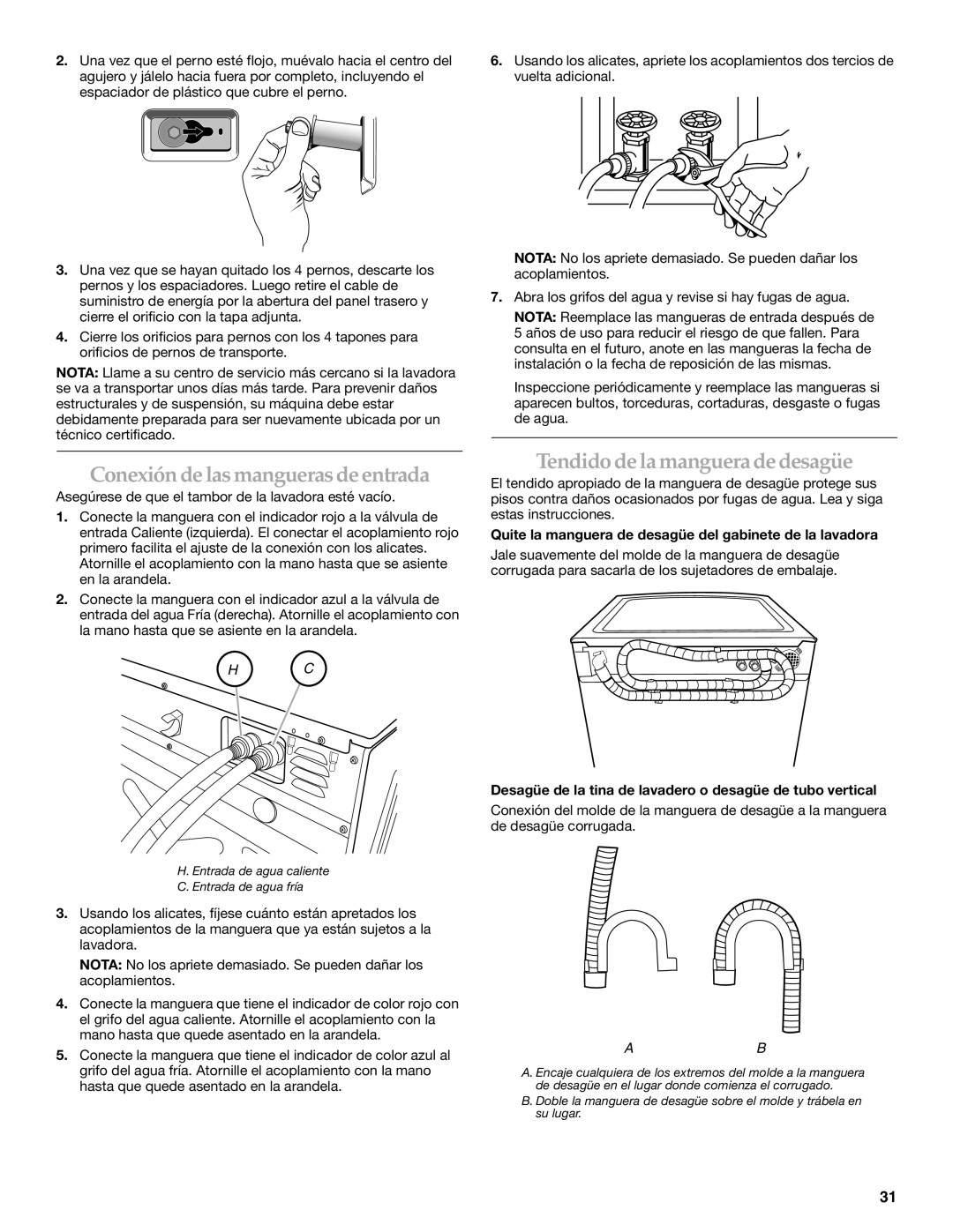 Maytag 8182969 manual Conexión de las mangueras de entrada, Tendido de la manguera de desagüe 