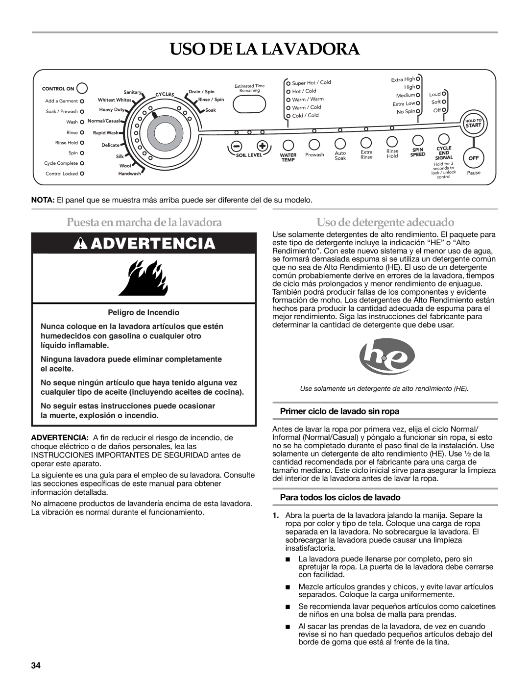 Maytag 8182969 manual USO DE LA Lavadora, Puesta en marcha de la lavadora, Uso de detergente adecuado 