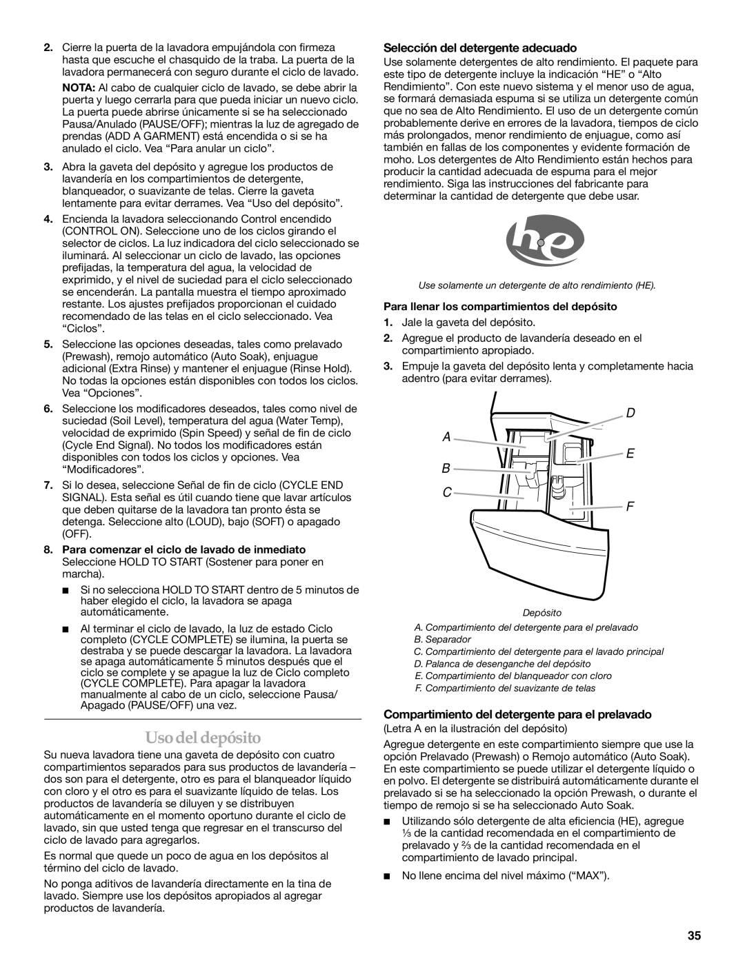 Maytag 8182969 manual Uso del depósito, Selección del detergente adecuado, Compartimiento del detergente para el prelavado 