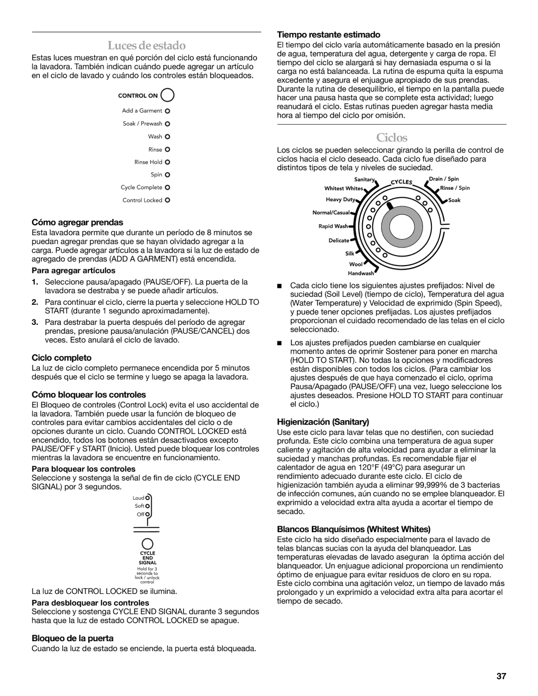 Maytag 8182969 manual Luces de estado, Ciclos 