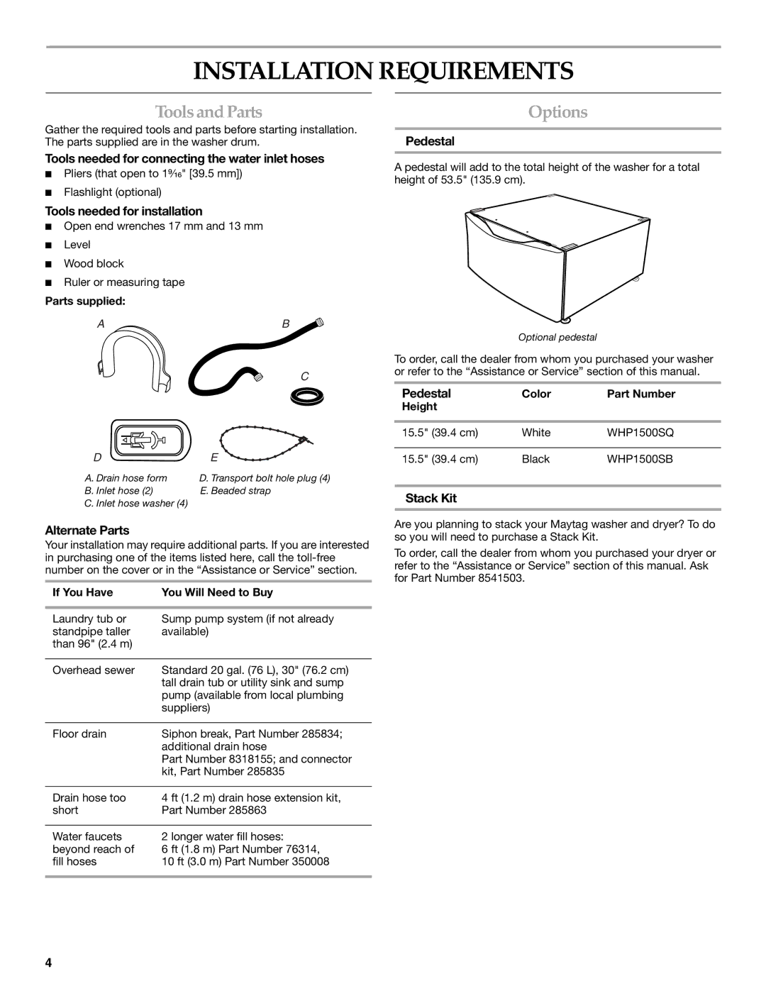 Maytag 8182969 manual Installation Requirements, Tools and Parts, Options 