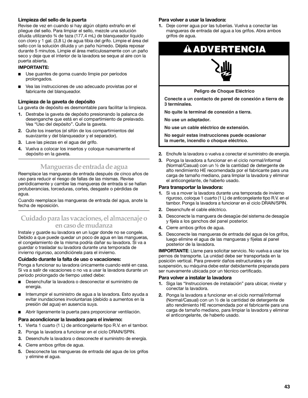 Maytag 8182969 manual Mangueras de entrada de agua, En caso de mudanza 