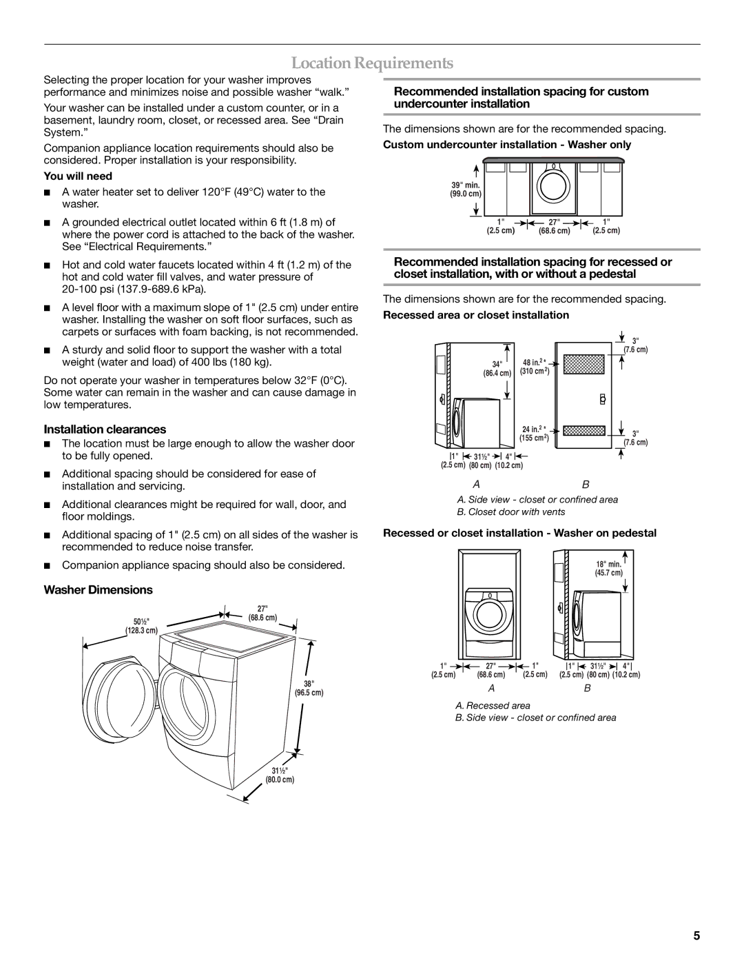 Maytag 8182969 manual Location Requirements, Installation clearances 