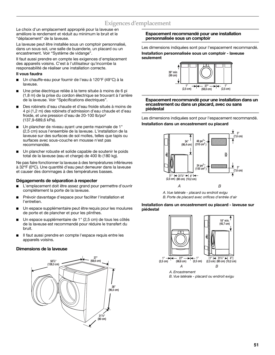 Maytag 8182969 Exigences d’emplacement, Dégagements de séparation à respecter, Dimensions de la laveuse, Il vous faudra 