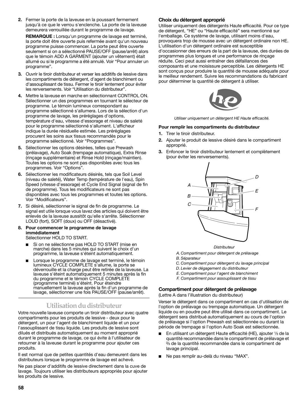 Maytag 8182969 manual Utilisation du distributeur, Choix du détergent approprié, Compartiment pour détergent de prélavage 