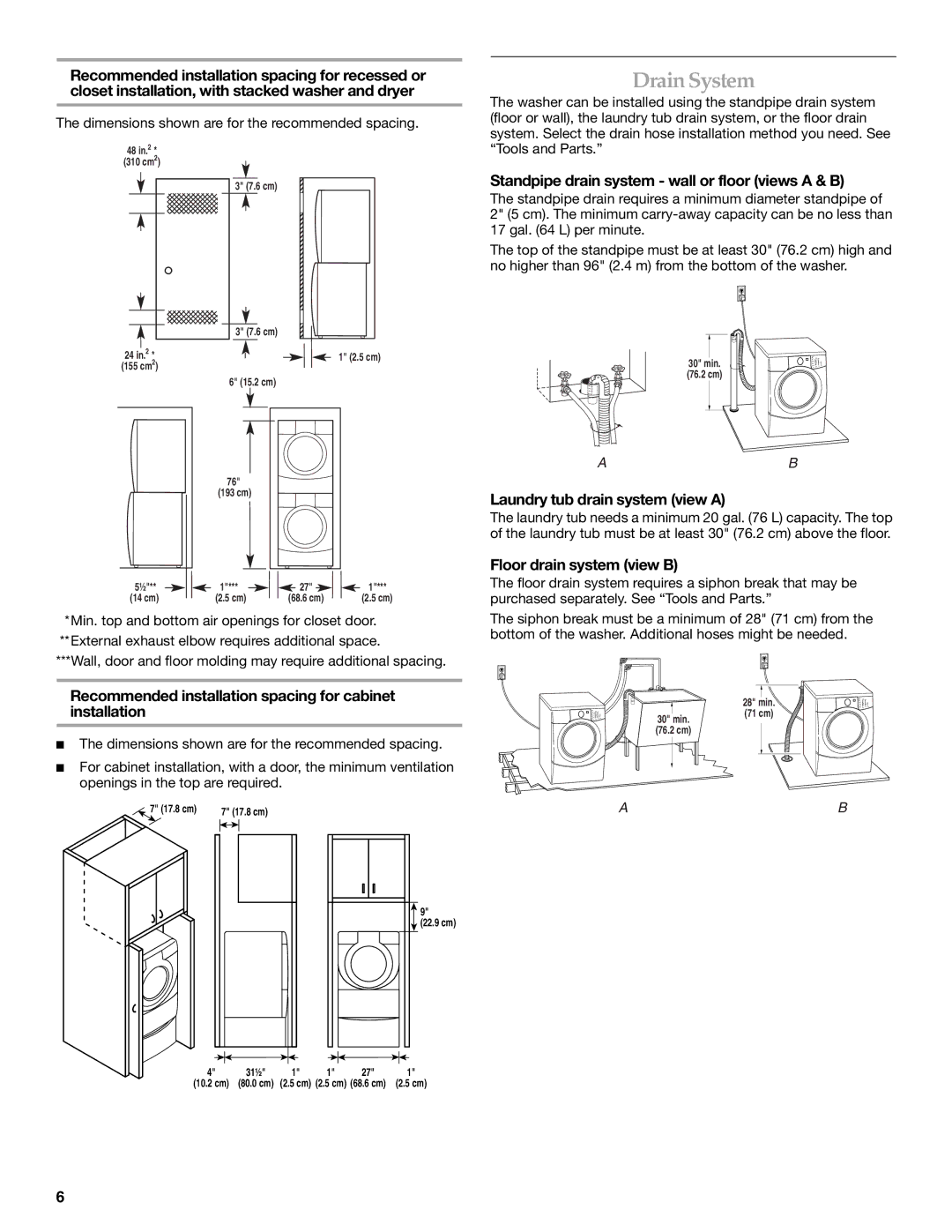 Maytag 8182969 Drain System, Standpipe drain system wall or floor views a & B, Floor drain system view B, Installation 