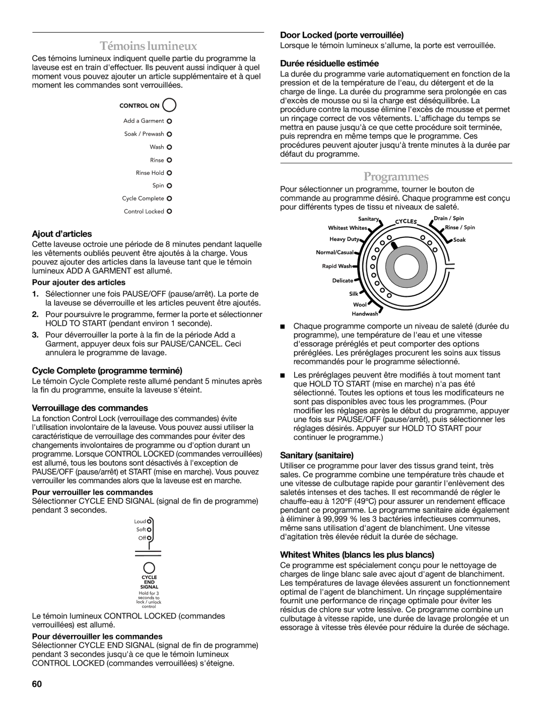 Maytag 8182969 manual Témoins lumineux, Programmes 