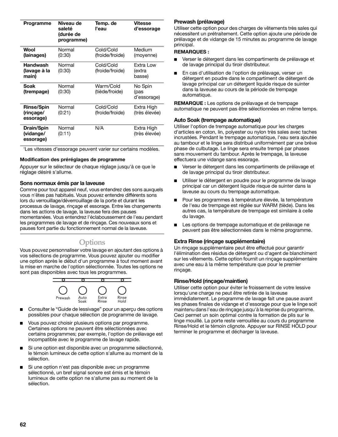 Maytag 8182969 manual Sons normaux émis par la laveuse, Prewash prélavage, Auto Soak trempage automatique 