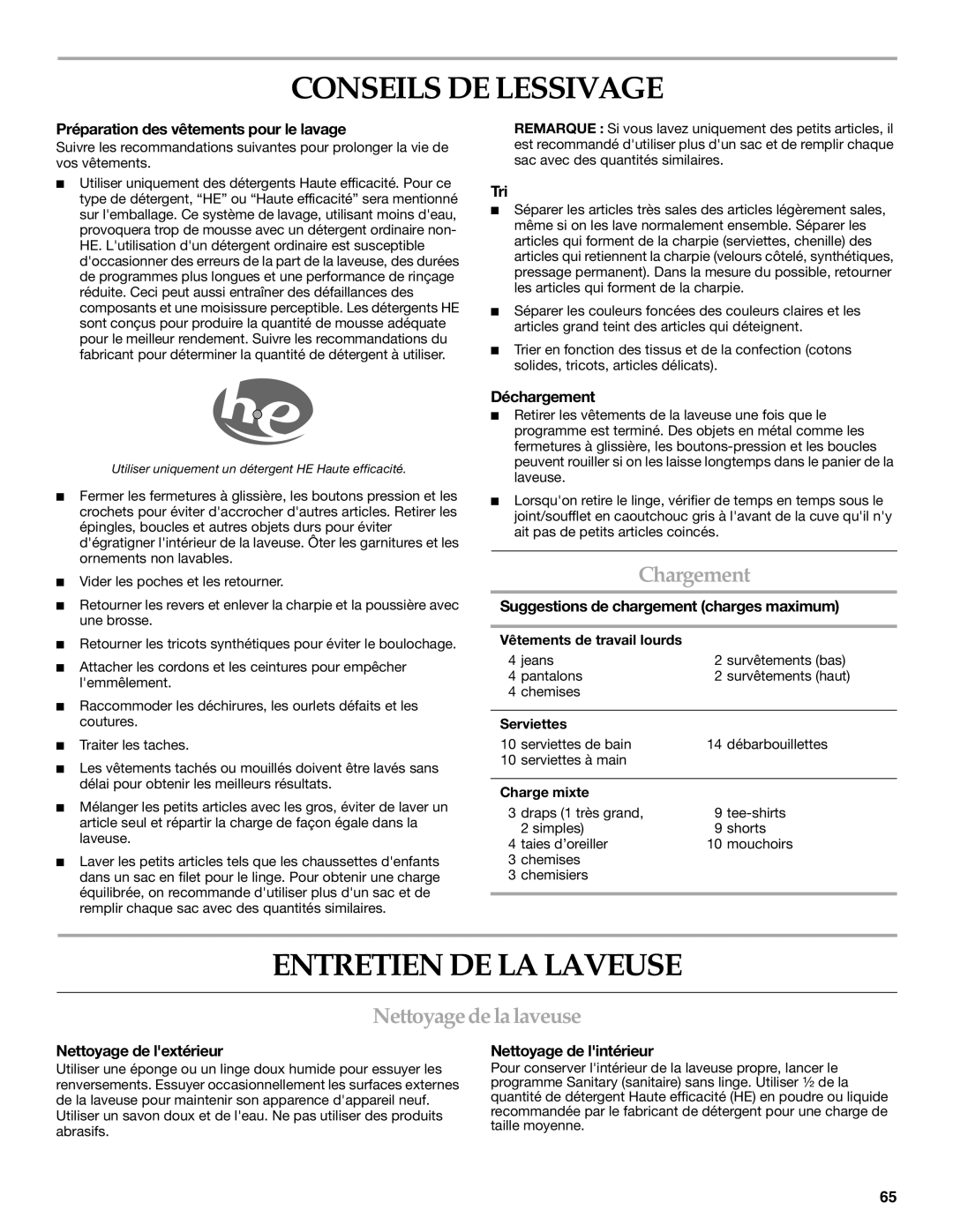 Maytag 8182969 manual Conseils DE Lessivage, Entretien DE LA Laveuse, Chargement, Nettoyage de la laveuse 