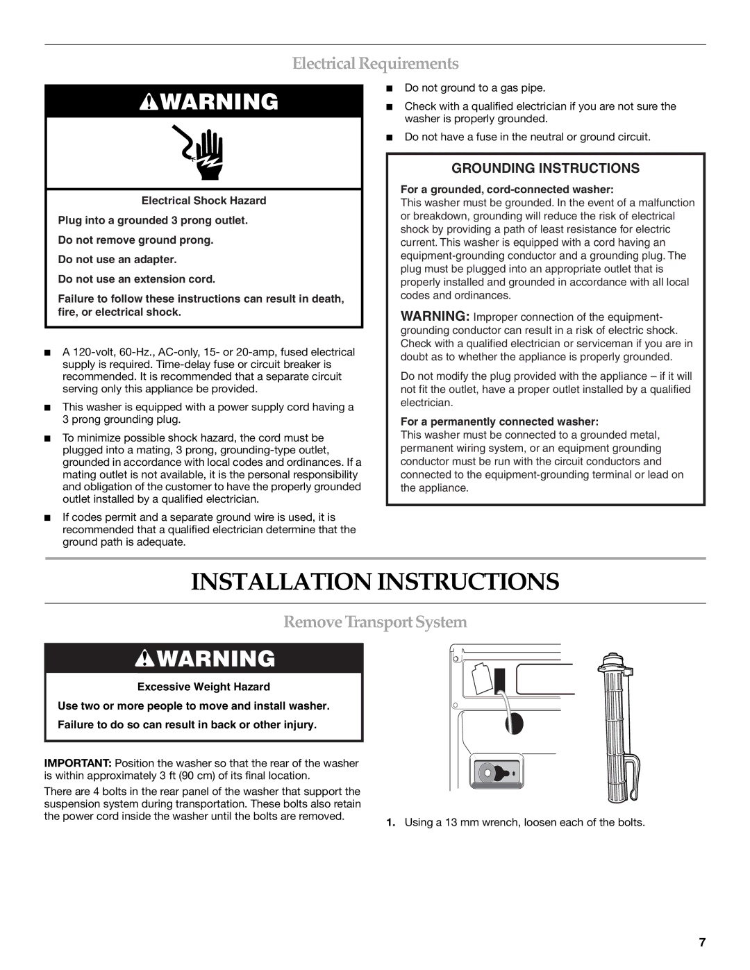 Maytag 8182969 manual Installation Instructions, Electrical Requirements, Remove Transport System 