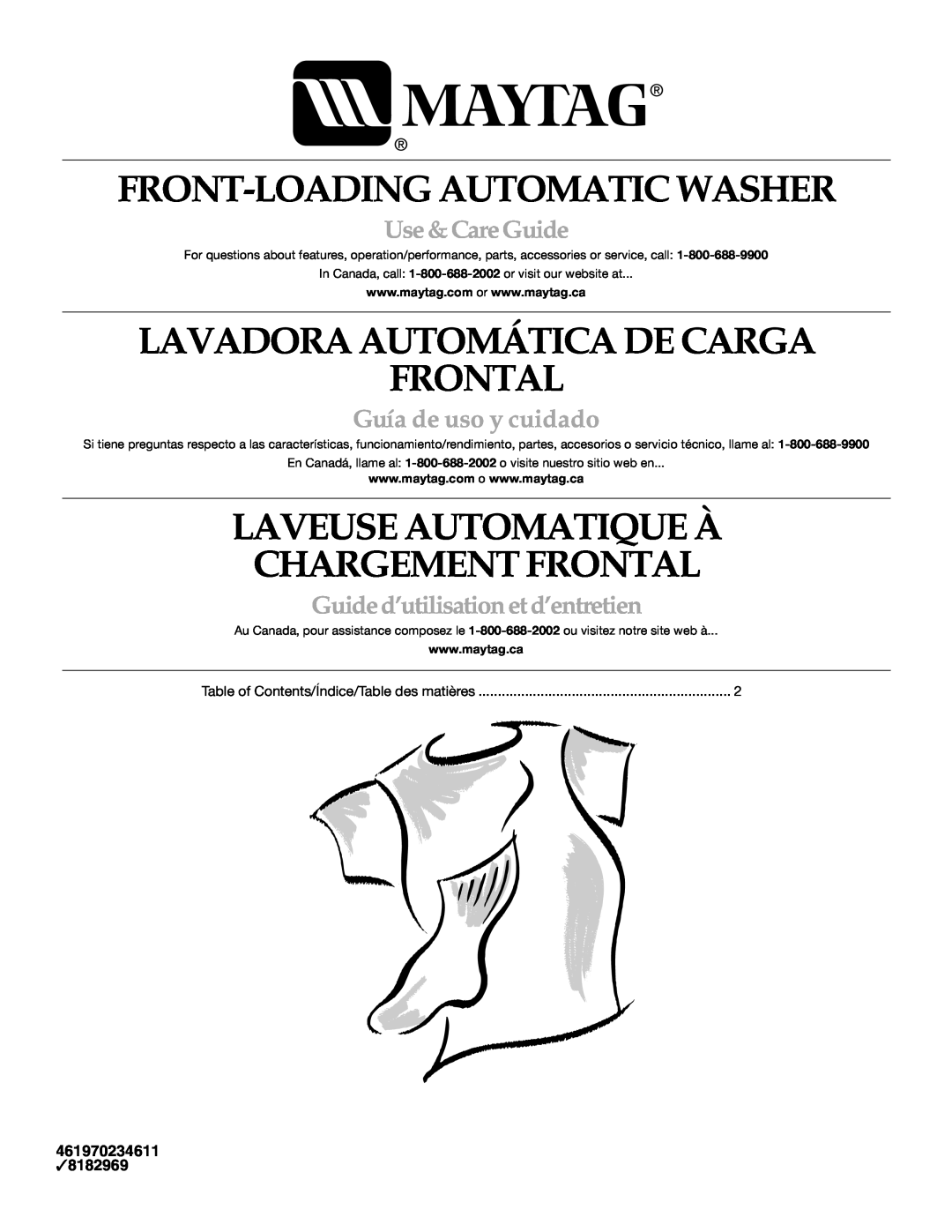 Maytag 8182969 manual Front-Loading Automatic Washer, Lavadora Automática De Carga Frontal, Use &CareGuide, 461970234611 