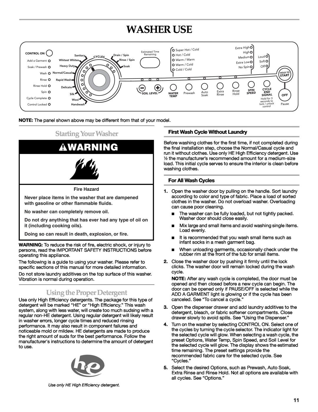 Maytag 8182969 Washer Use, Starting Your Washer, Using the Proper Detergent, First Wash Cycle Without Laundry, Fire Hazard 