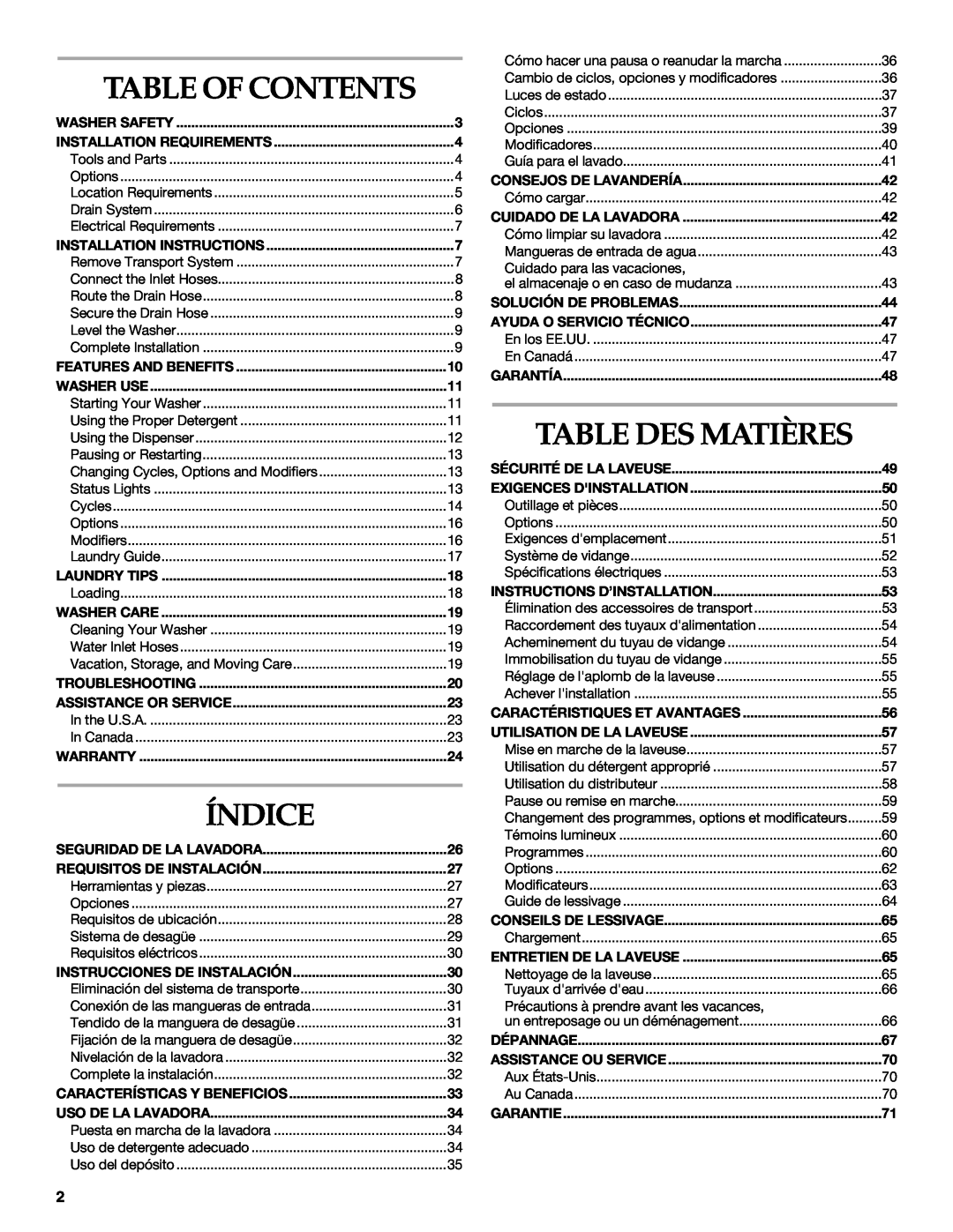 Maytag 8182969 manual Table Des Matières, Índice, Table Of Contents 