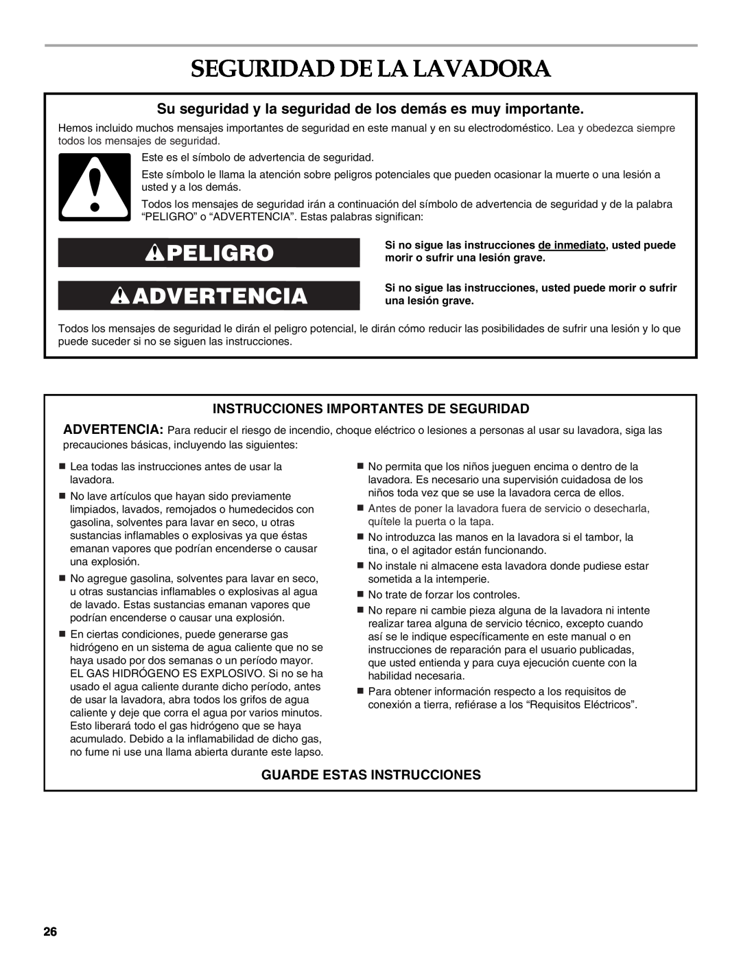 Maytag 8182969 Seguridad De La Lavadora, Peligro Advertencia, Su seguridad y la seguridad de los demás es muy importante 