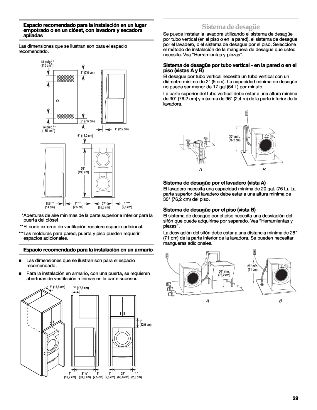 Maytag 8182969 manual Sistema de desagüe, Espacio recomendado para la instalación en un armario 