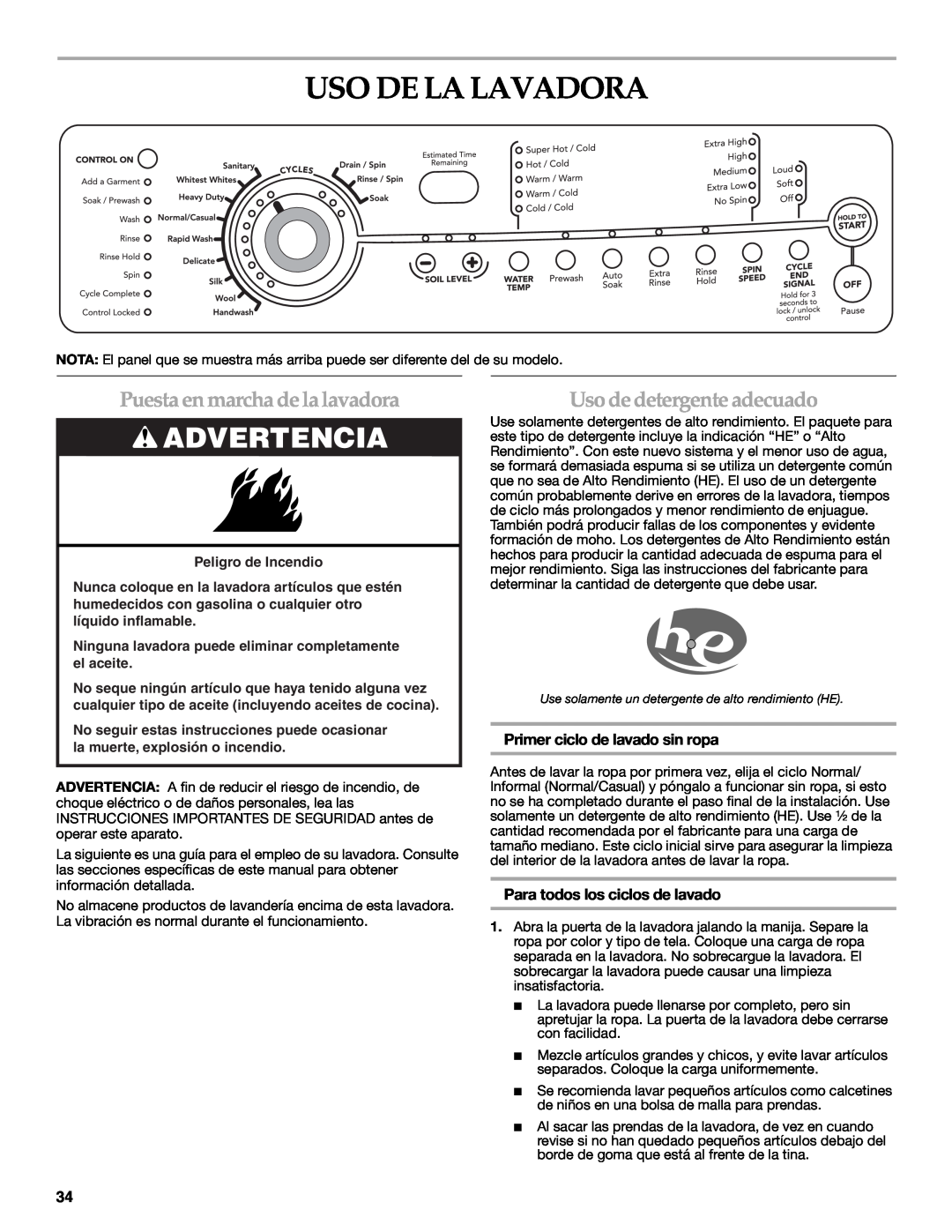 Maytag 8182969 manual Uso De La Lavadora, Puesta en marcha de la lavadora, Uso de detergente adecuado, Peligro de Incendio 