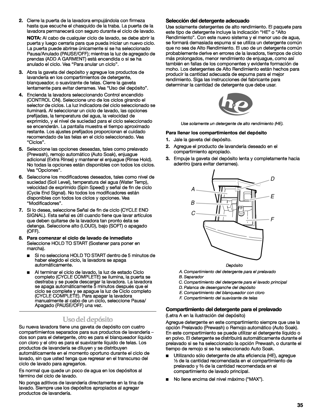 Maytag 8182969 manual Uso del depósito, Selección del detergente adecuado, Compartimiento del detergente para el prelavado 