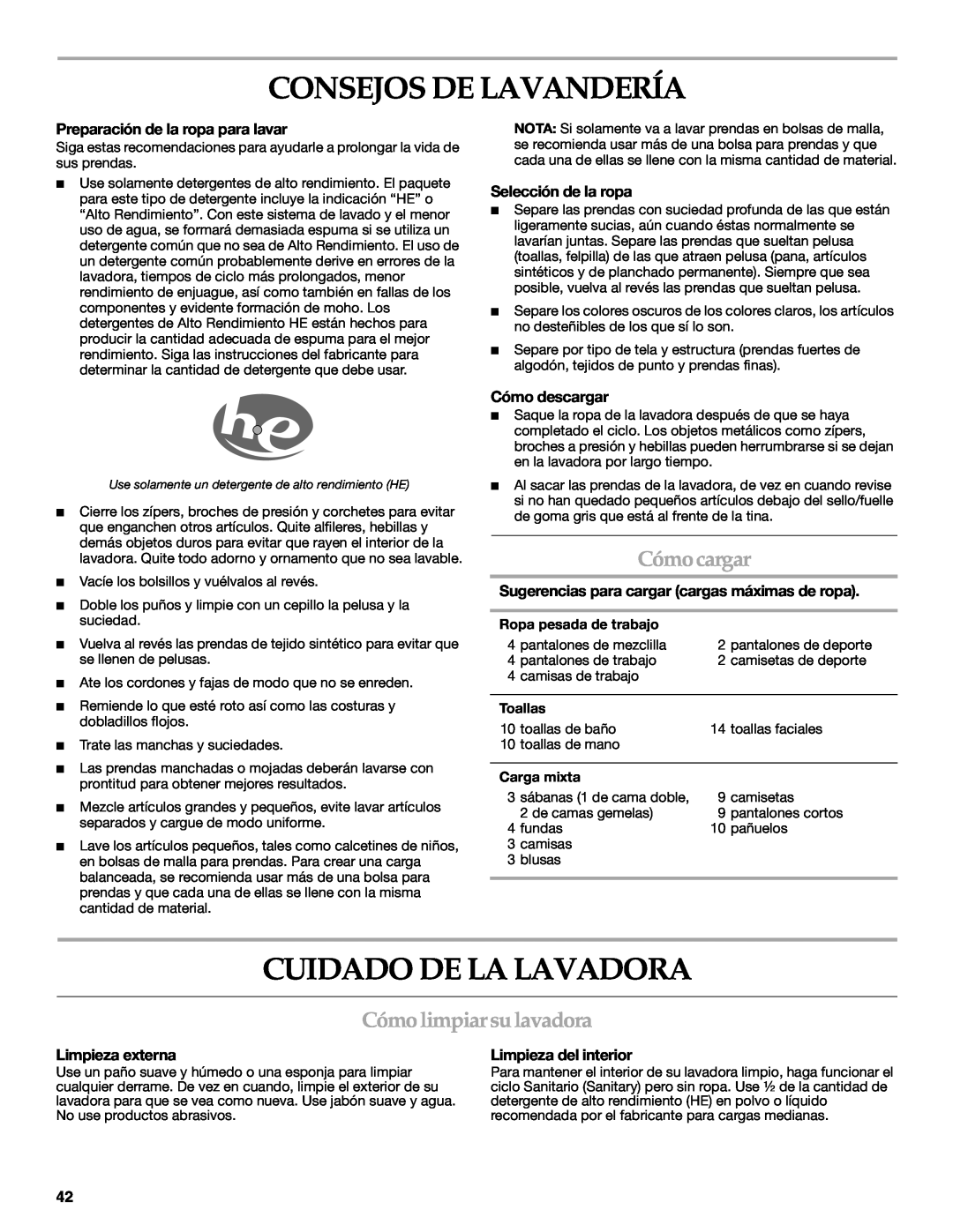 Maytag 8182969 Consejos De Lavandería, Cuidado De La Lavadora, Cómo cargar, Cómo limpiar su lavadora, Selección de la ropa 