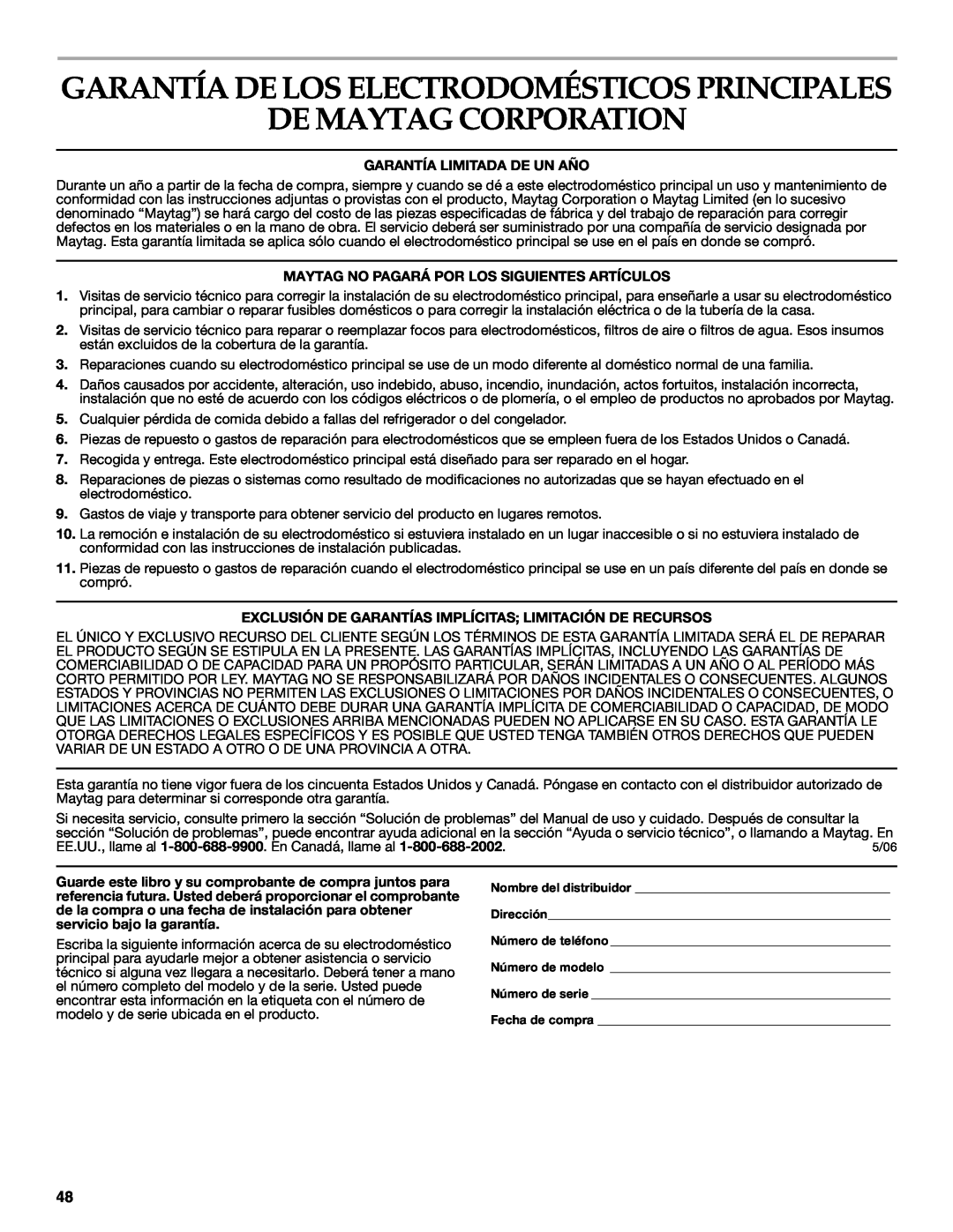 Maytag 8182969 manual De Maytag Corporation, Garantía De Los Electrodomésticos Principales 