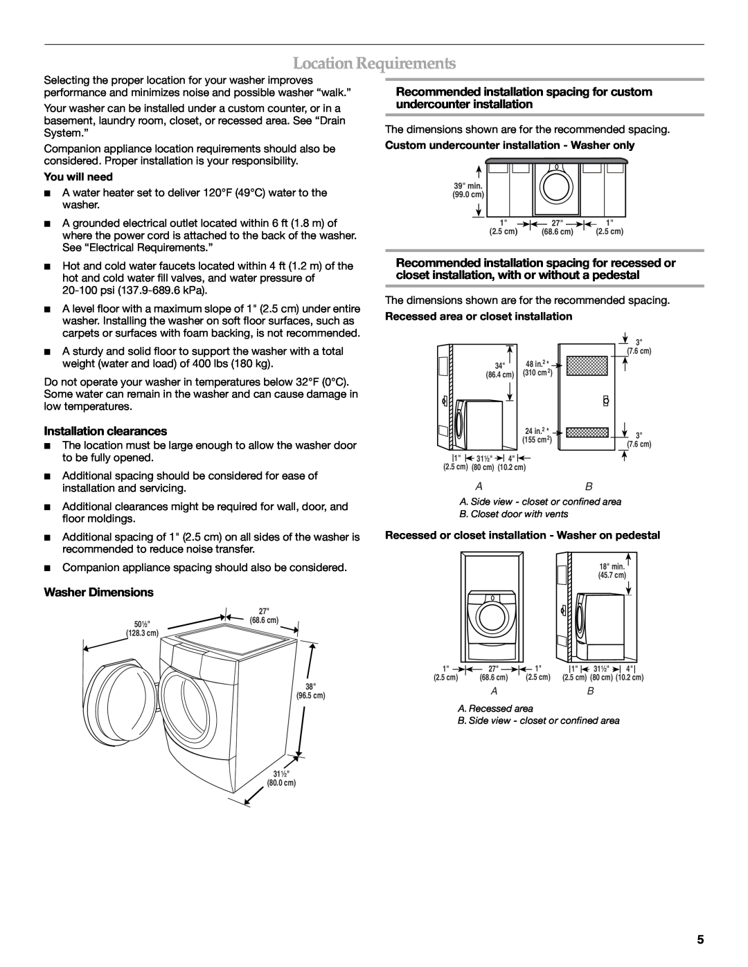 Maytag 8182969 manual Location Requirements, Installation clearances, Washer Dimensions 