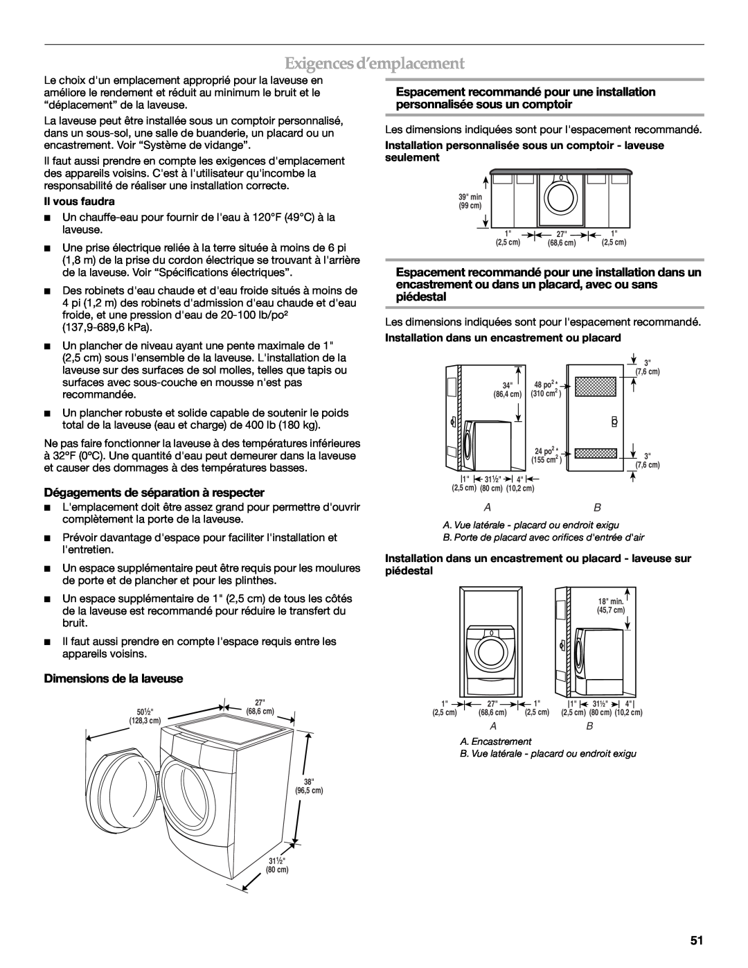 Maytag 8182969 manual Exigences d’emplacement, Dégagements de séparation à respecter, Dimensions de la laveuse 