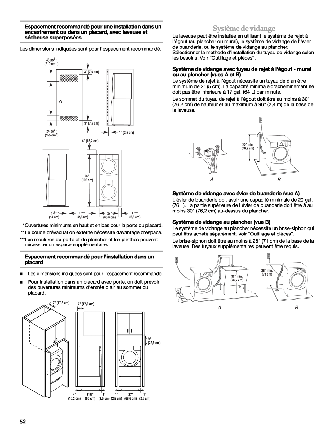 Maytag 8182969 manual Système de vidange avec évier de buanderie vue A, Système de vidange au plancher vue B 