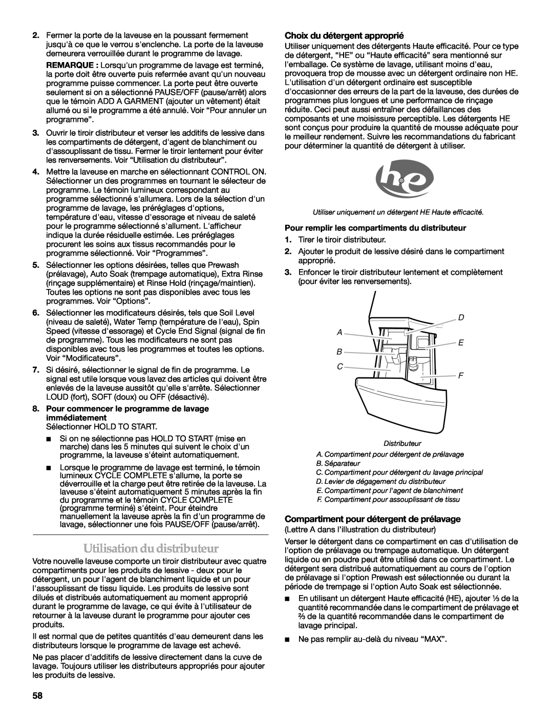 Maytag 8182969 manual Utilisation du distributeur, Choix du détergent approprié, Compartiment pour détergent de prélavage 