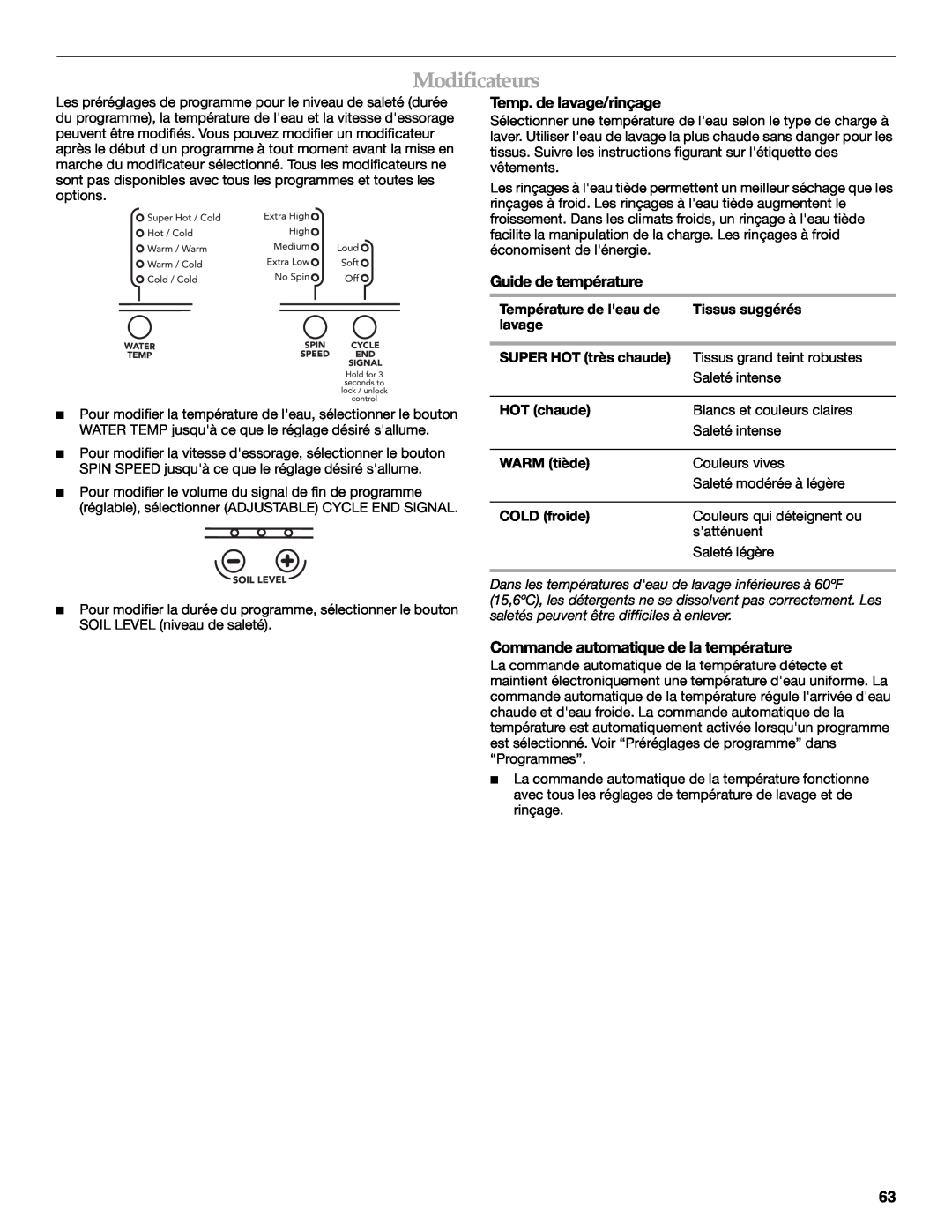 Maytag 8182969 manual Modificateurs, Temp. de lavage/rinçage, Guide de température, Commande automatique de la température 