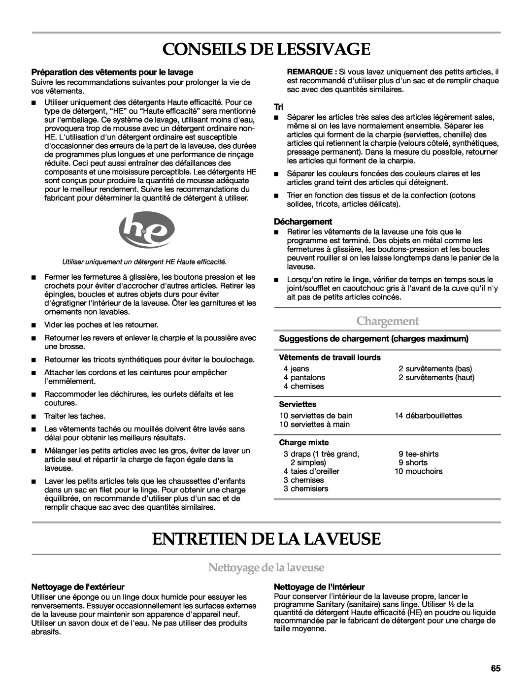 Maytag 8182969 manual Conseils De Lessivage, Entretien De La Laveuse, Chargement, Nettoyage de la laveuse, Déchargement 
