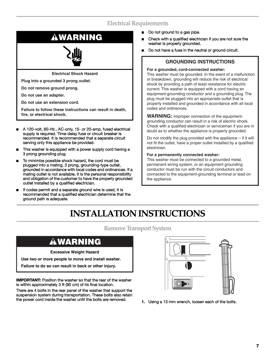Maytag 8182969 manual Installation Instructions, Electrical Requirements, Remove Transport System, Grounding Instructions 