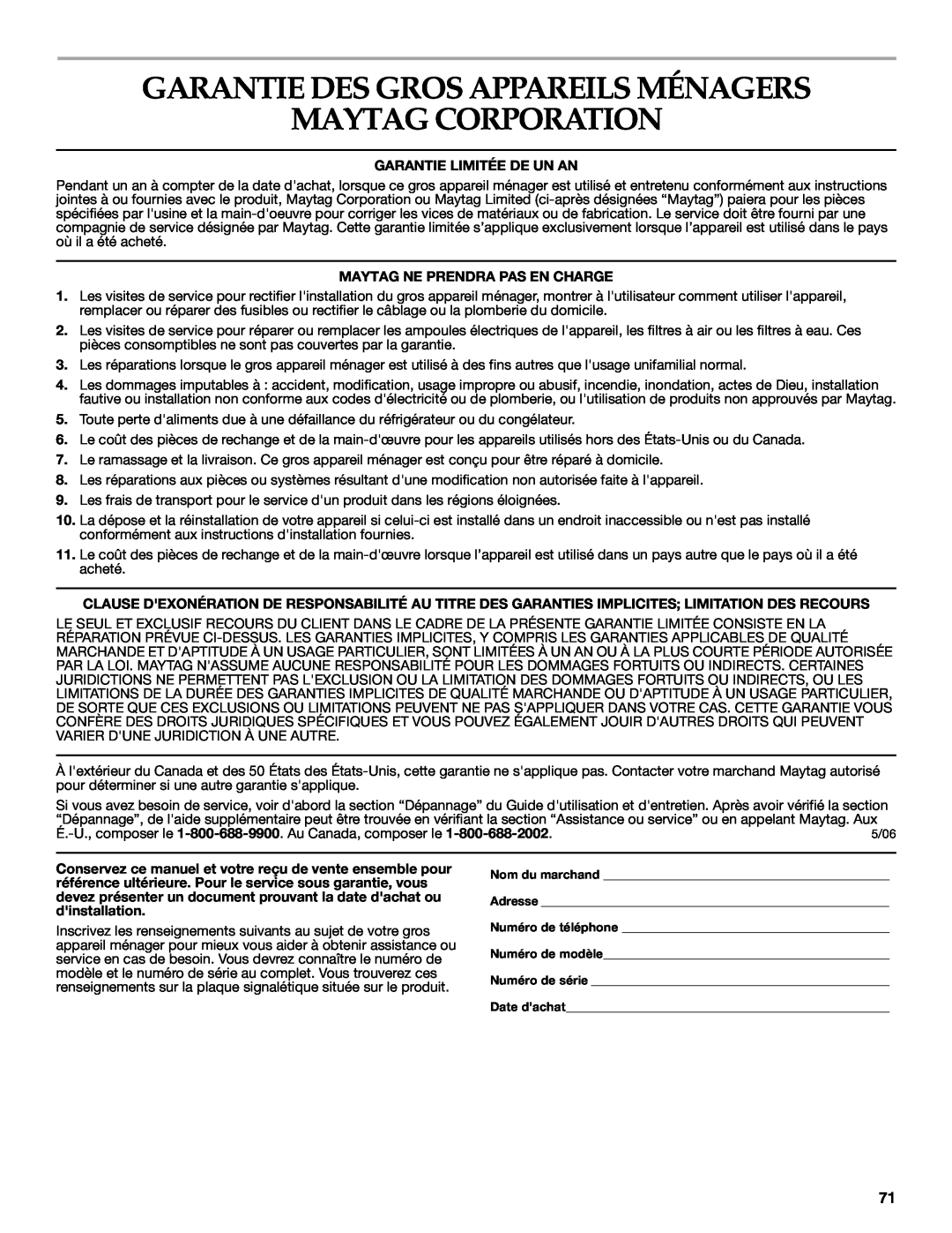 Maytag 8182969 manual Garantie Des Gros Appareils Ménagers Maytag Corporation, Garantie Limitée De Un An 