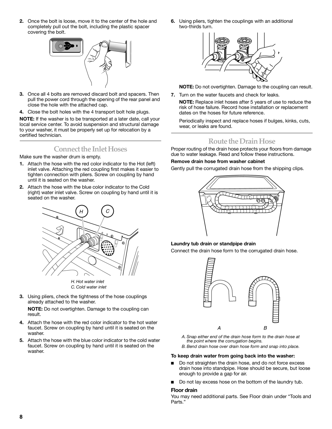 Maytag 8182969 manual Connect the Inlet Hoses, Route the Drain Hose, Floor drain 