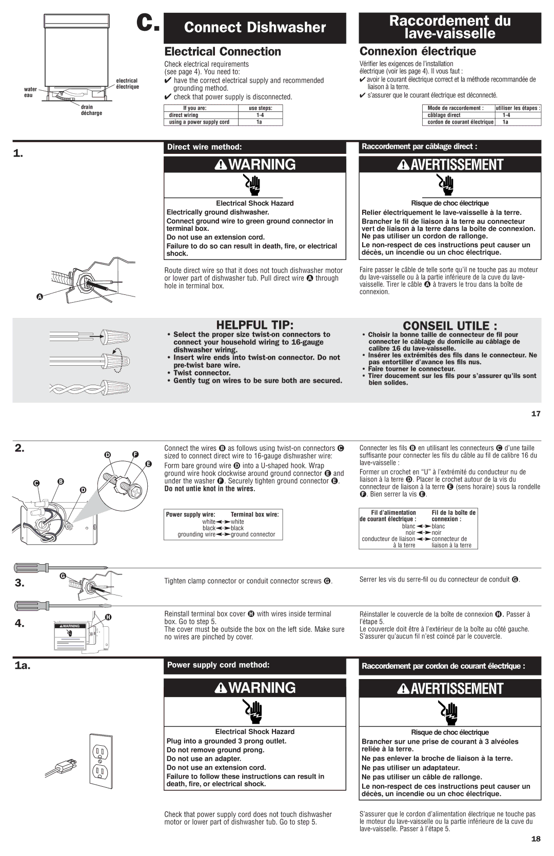 Maytag 8269550 Connect Dishwasher Raccordement du Lave-vaisselle, Power supply cord method, Do not untie knot in the wires 