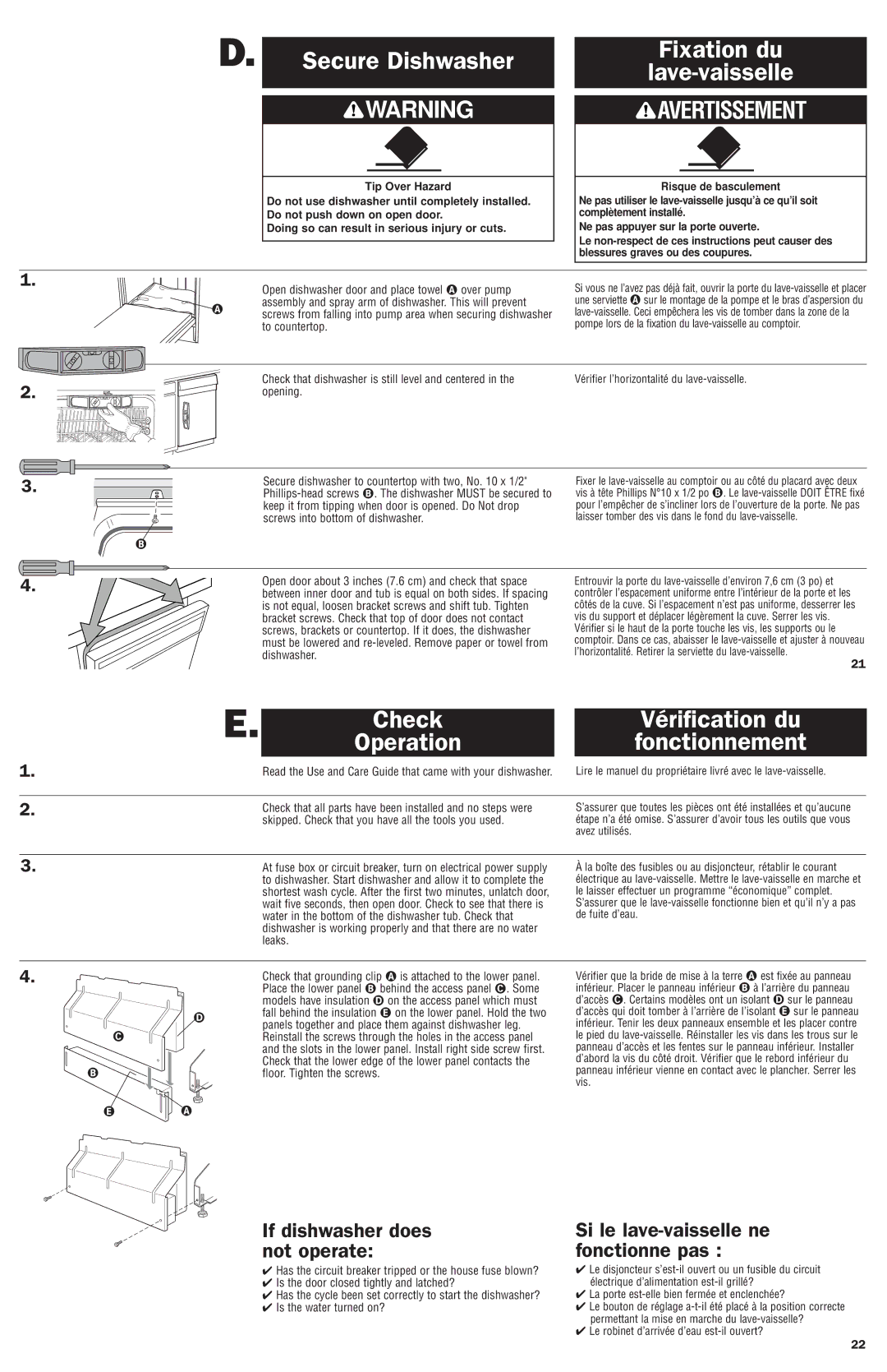 Maytag 8269550 Secure Dishwasher, Fixation du Lave-vaisselle, Check Vérification du Operation Fonctionnement 