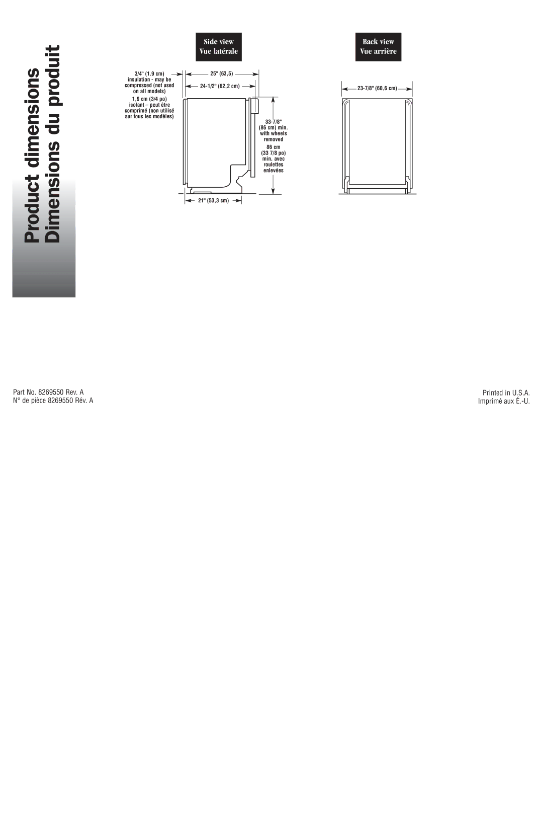 Maytag installation instructions Side view Back view, Part No Rev. a De pièce 8269550 Rév. a 