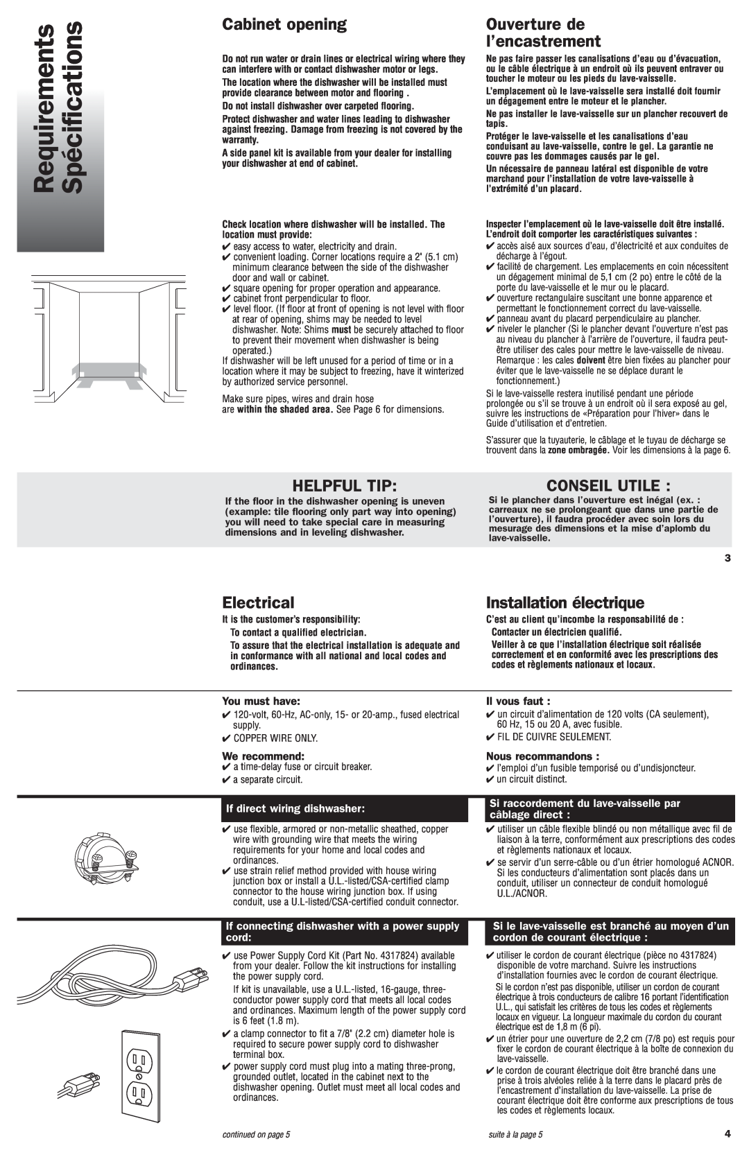 Maytag 8269550 Requirements, Spécifications, Cabinet opening, Ouverture de l’encastrement, Helpful Tip, Electrical 