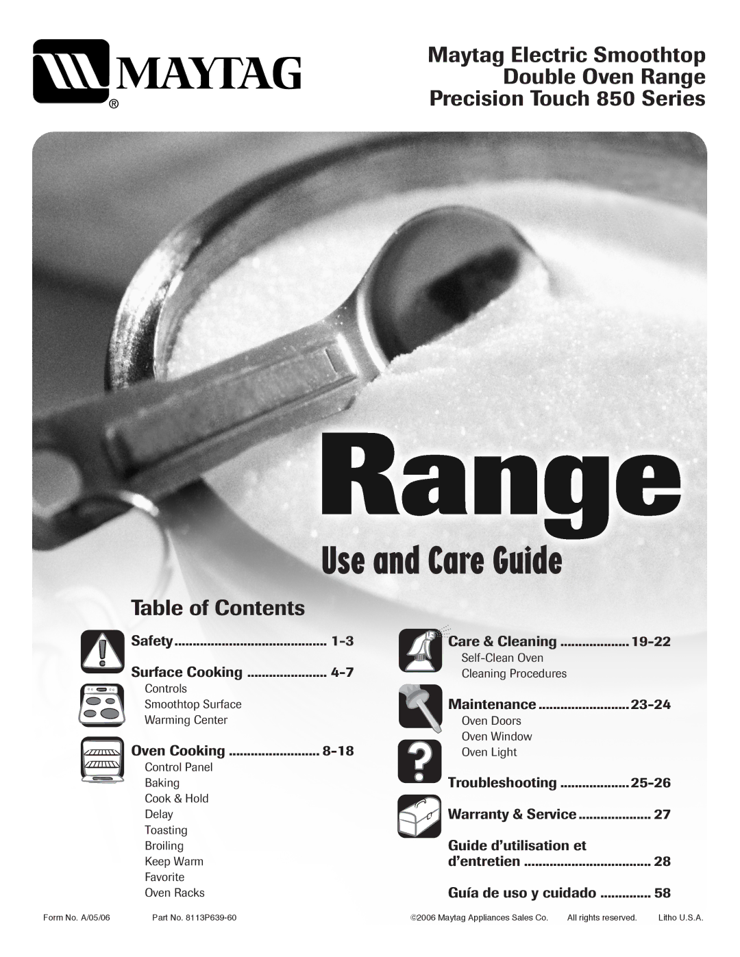 Maytag 850 Series warranty Use and Care Guide, Table of Contents 