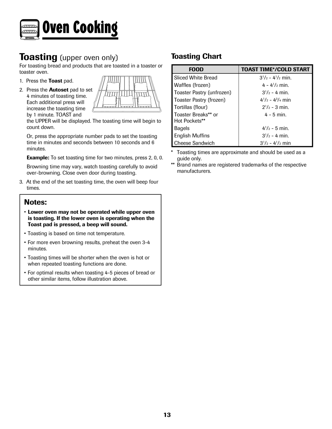 Maytag 850 Series warranty Toasting upper oven only, Toasting Chart, Food Toast TIME*/COLD Start 