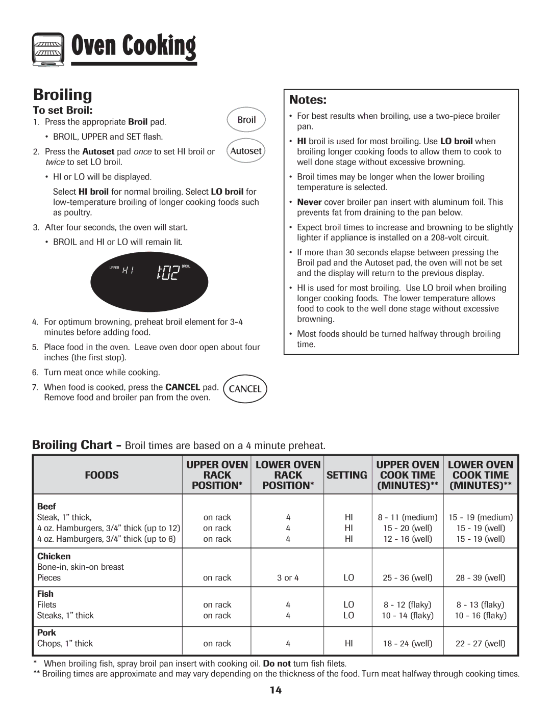 Maytag 850 Series warranty To set Broil, Broiling Chart Broil times are based on a 4 minute preheat 