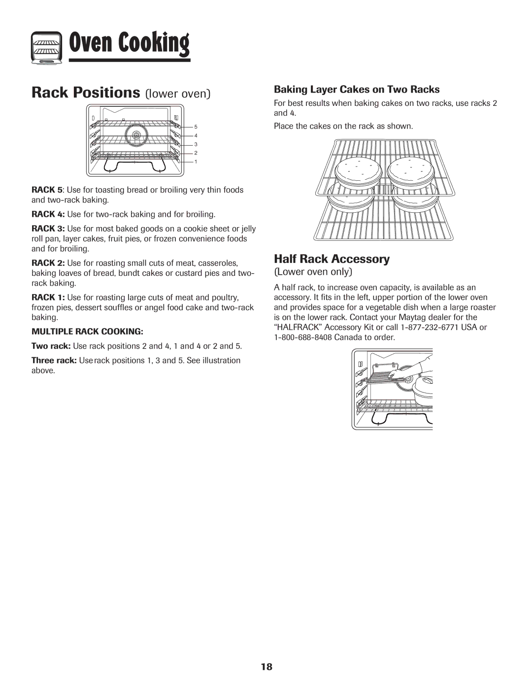 Maytag 850 Series warranty Rack Positions lower oven, Half Rack Accessory, Baking Layer Cakes on Two Racks, Lower oven only 