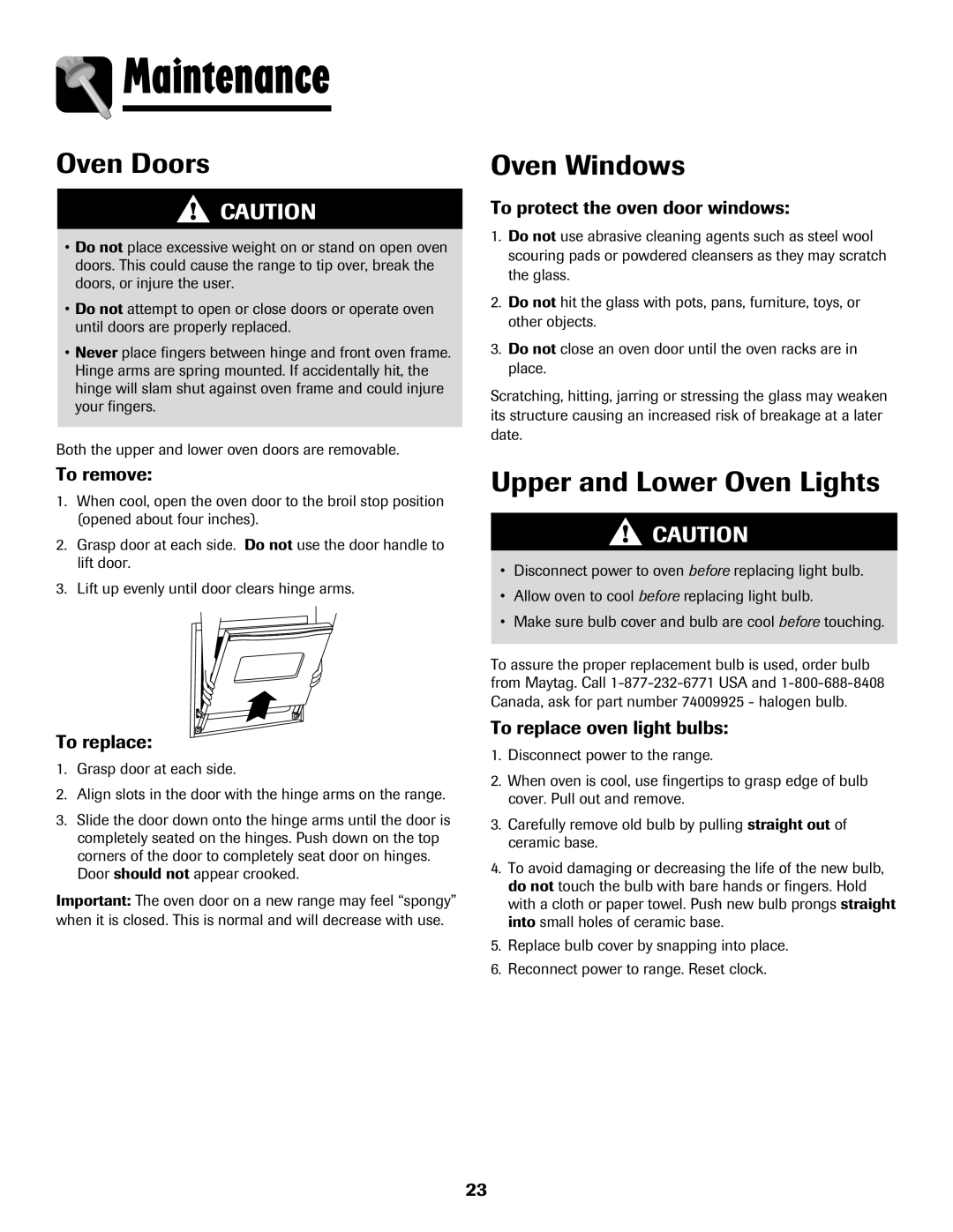 Maytag 850 Series warranty Maintenance, Oven Windows, Upper and Lower Oven Lights 